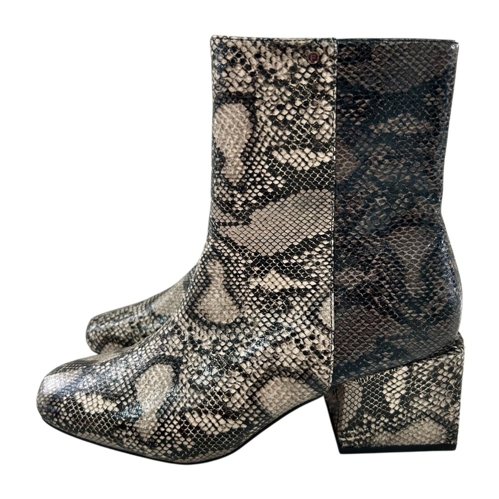 FRENCH CONNECTION Toni Black Taupe-Tan Snakeskin Print Vegan Leather Boots 8
